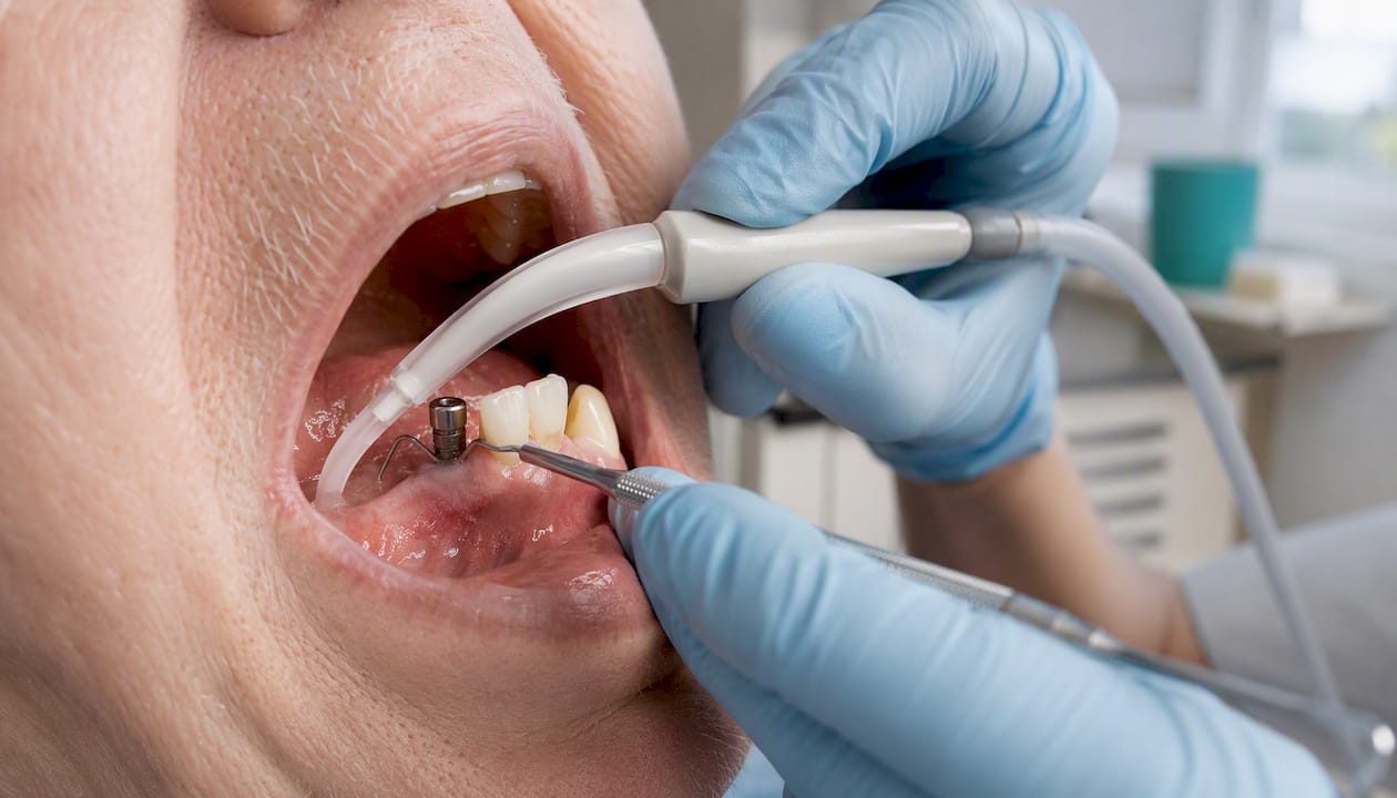 Hygienist cleaning dental implant in patient mouth