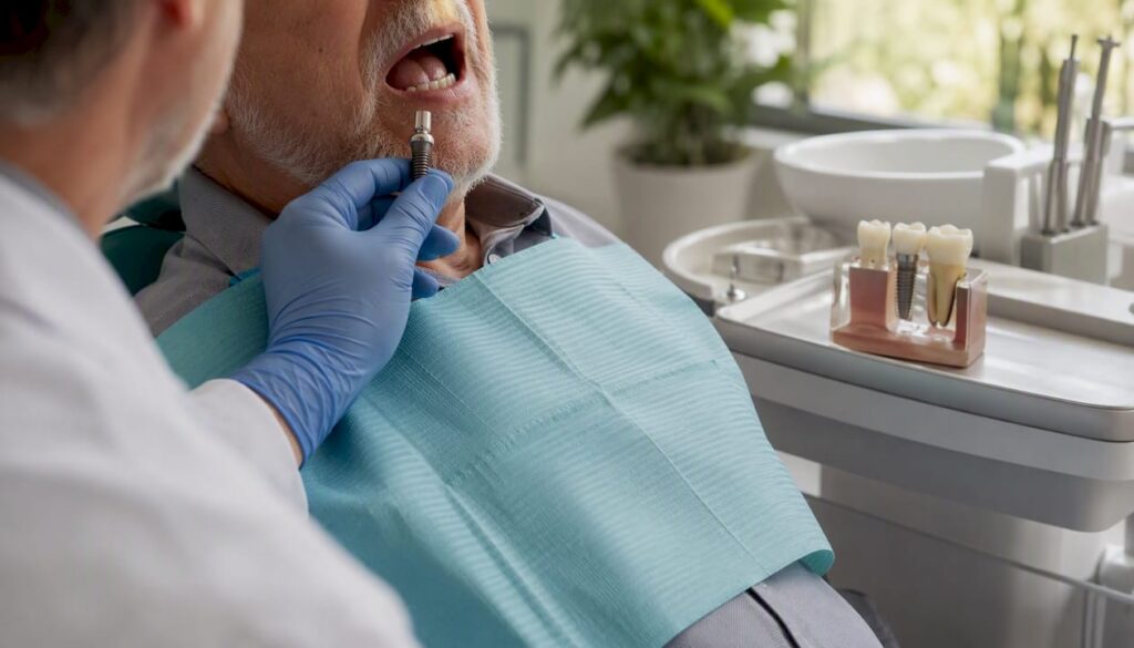 Dentist preparing dental implant for senior patient