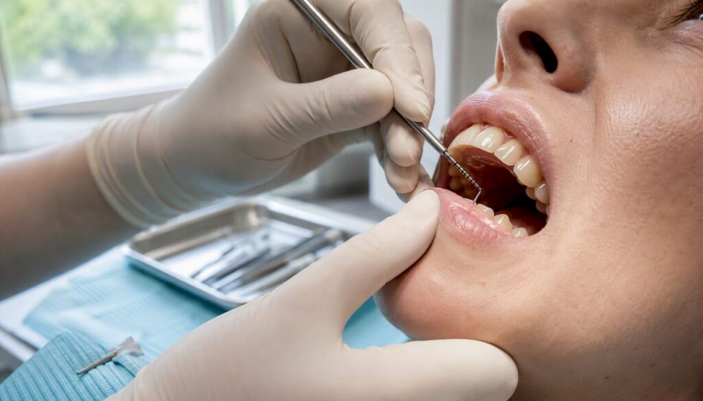 Dentist measuring gum recession with probe