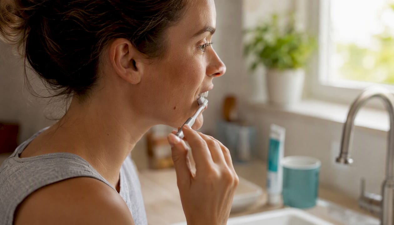Person brushing teeth correctly with soft toothbrush