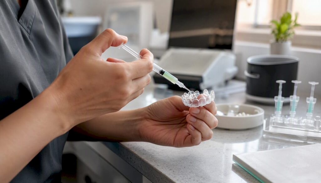 Hands preparing teeth whitening tray