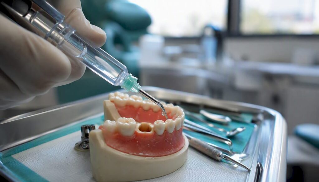 Irrigating syringe near tooth extraction socket model