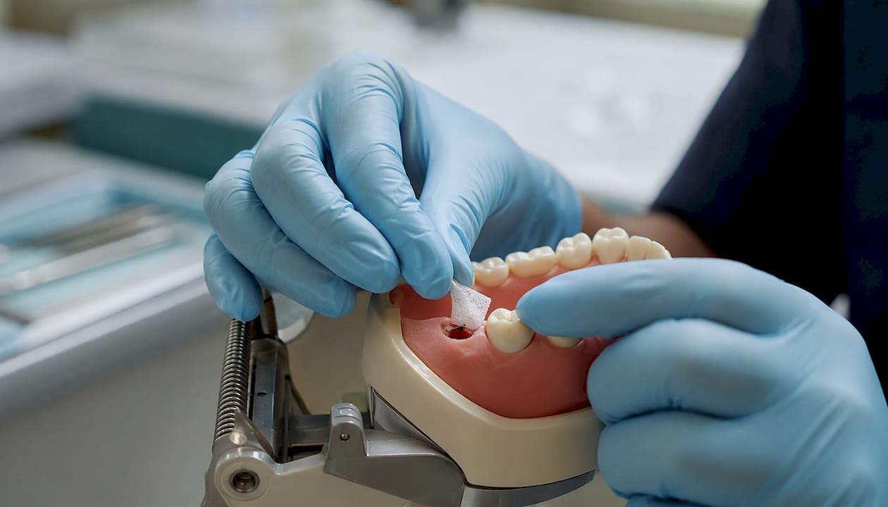 Dentist placing medicated dressing into tooth socket model
