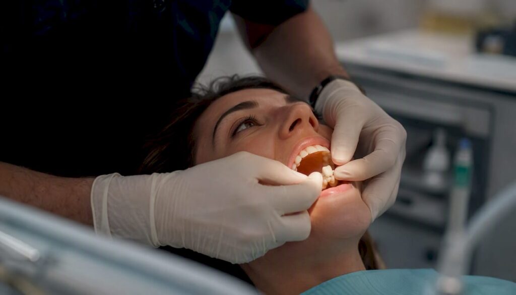Dentist placing dental crown on tooth