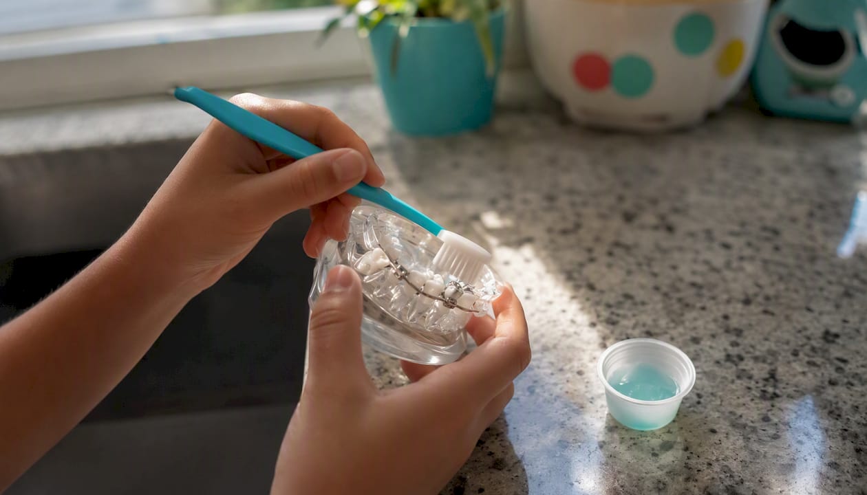 Child brushing teeth around space maintainer
