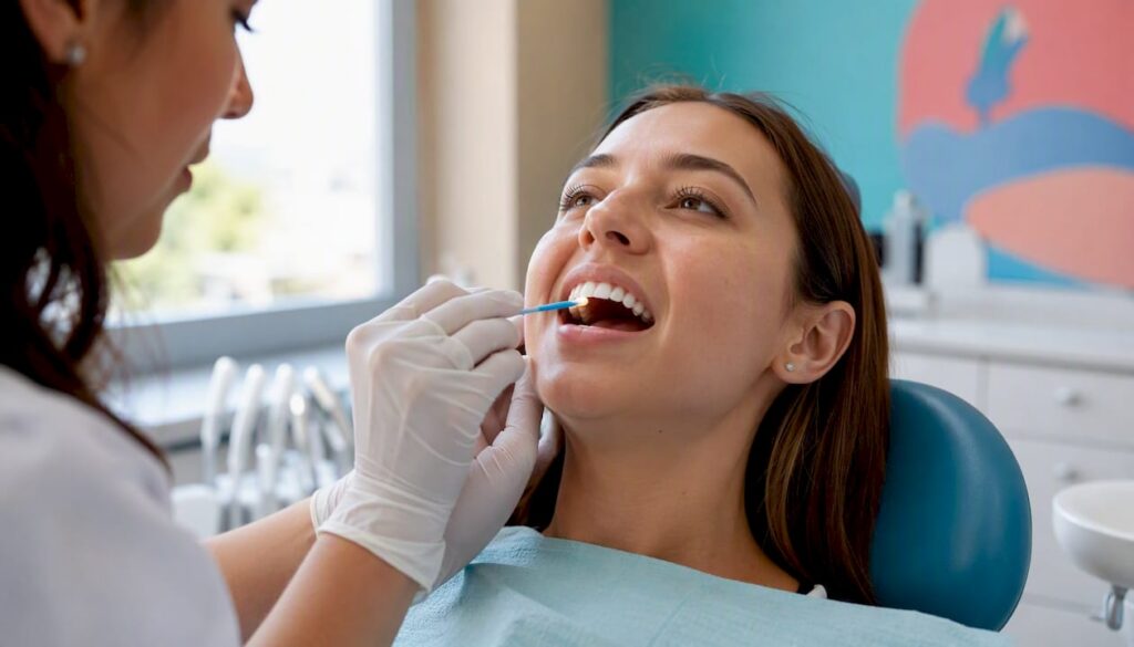 Dentist applying whitening gel in office