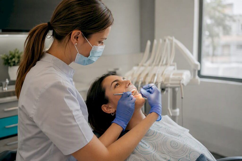Dentist adjusting dental filling in mouth