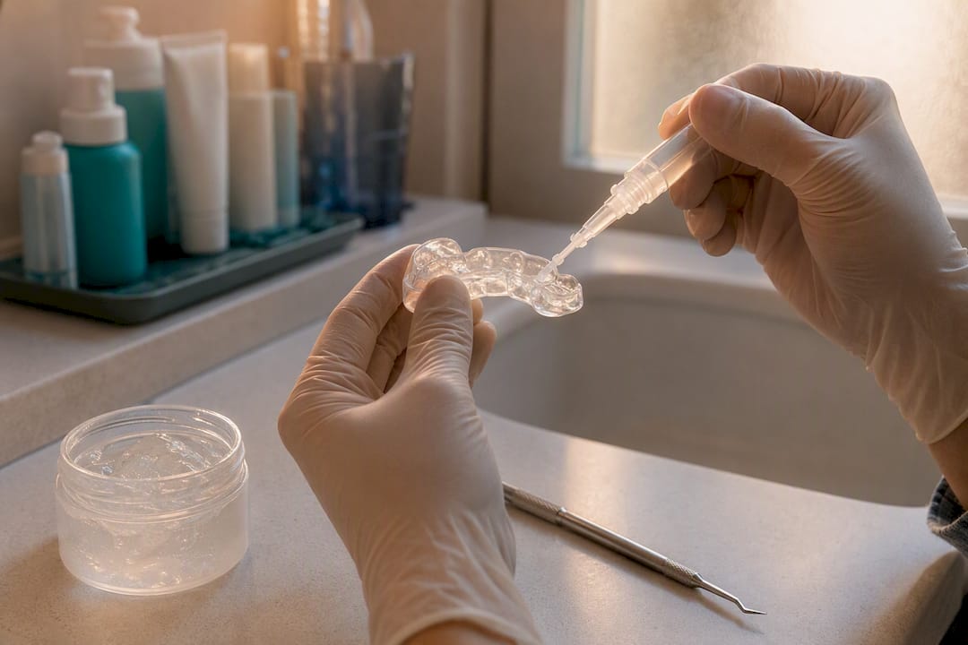 Hands applying dental gel on tray