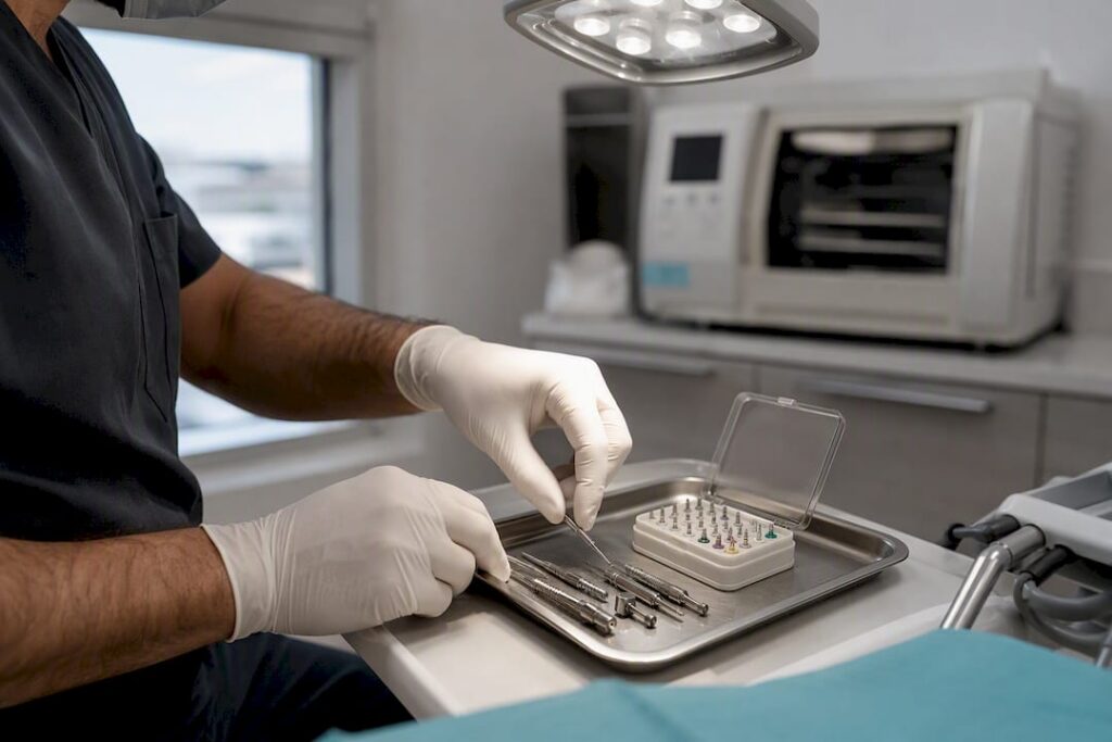 Dentist preparing dental implant instruments