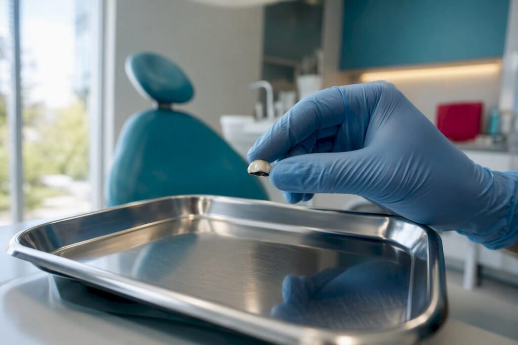 Partial fallen crown held above dental tray