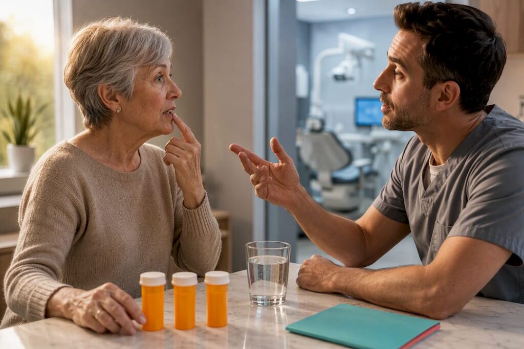 Older patient discussing medications with dentist