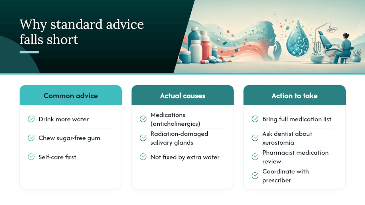 Where the Standard Advice on Dry Mouth Falls Short — overview diagram