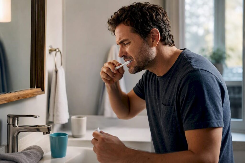 Adult brushing teeth with sensitivity toothpaste