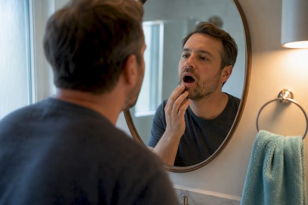 Patient checking extraction area in mirror