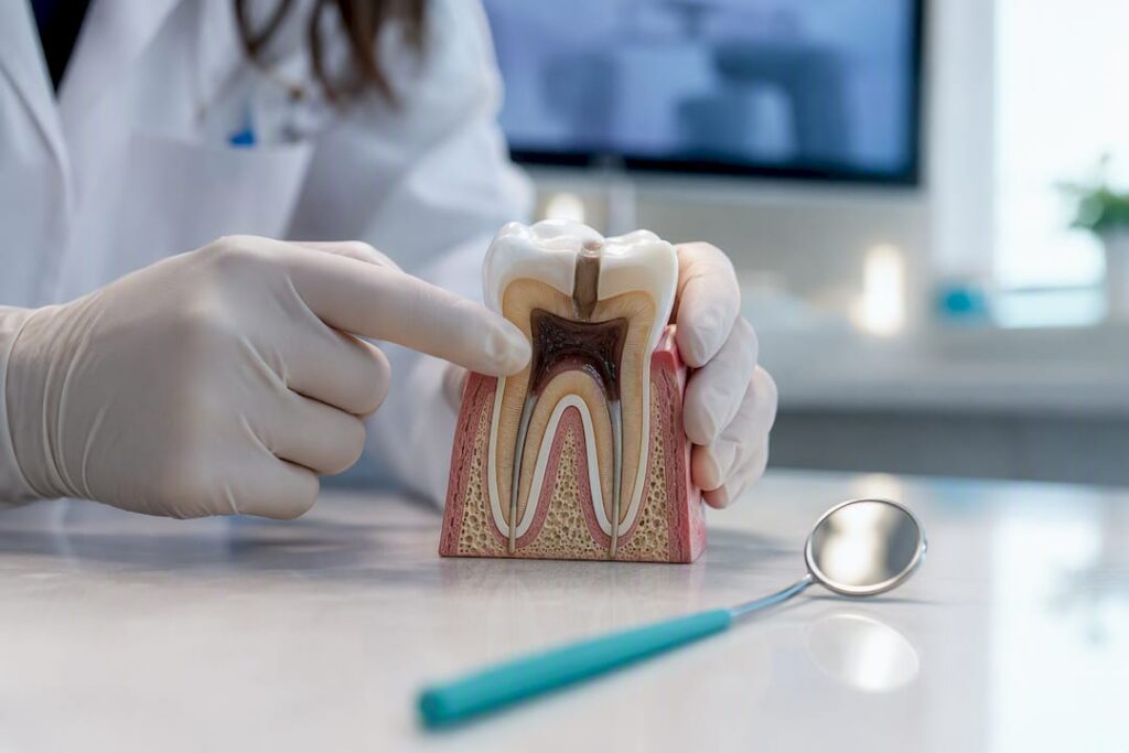 Darkened root-filled tooth model in clinic