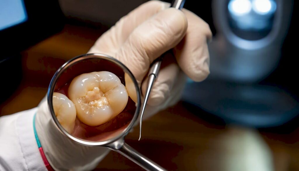 Aging dental filling examined with mirror