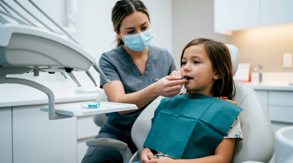 Child prepared for a dental bitewing X-ray