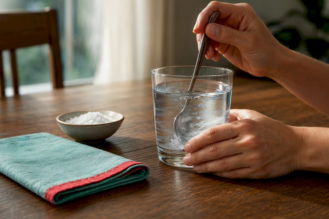 Glass of warm saltwater for gentle mouth rinsing