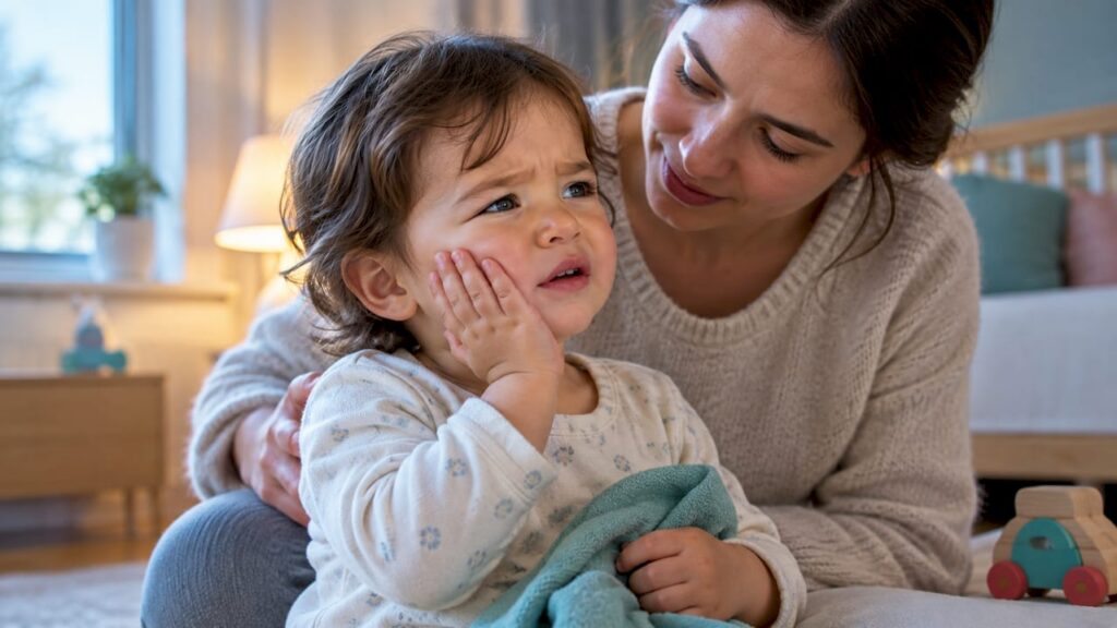 Parent comforting child with molar discomfort