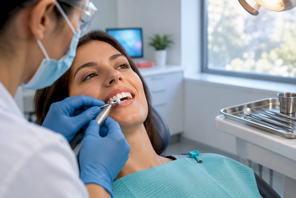 Dentist polishing a repaired chipped front tooth