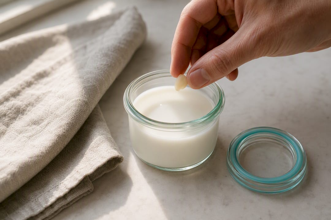 Tooth fragment placed in container of milk