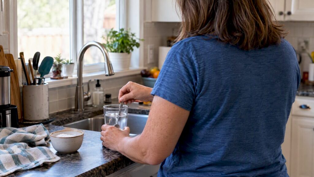Woman preparing warm saltwater rinse