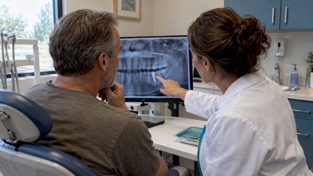 Dentist reviewing dental implant X-ray with patient