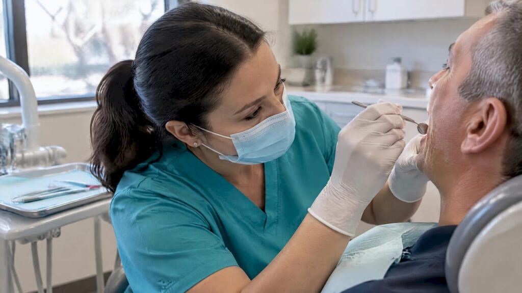 Dentist examining a patient’s dental crown