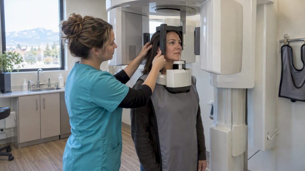 Patient positioned for dental CBCT scan