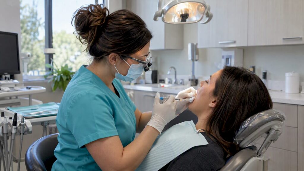 Dentist administering local anesthetic to patient