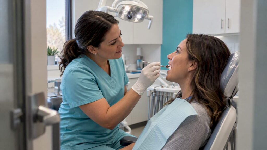 Dentist checking patient teeth before whitening